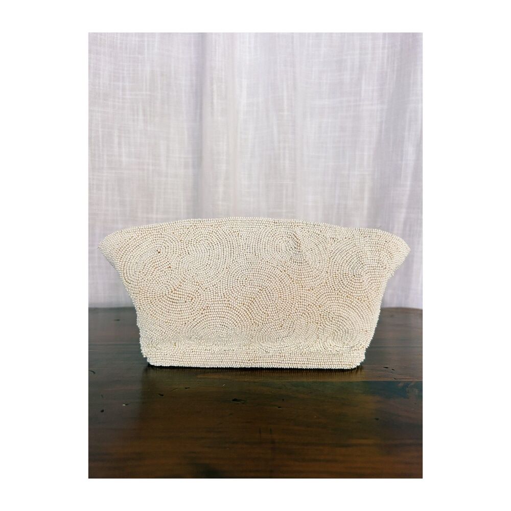 Vintage Walborg White Glass Beaded Clutch Purse Made in Belgium Swirl Pattern